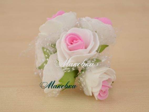 Розочки из фоамирана с фатином, 3 см, бело-розовые, 6 шт/уп Розочки из фоамирана с фатином, 3 см, бело-розовые, 6 шт/уп