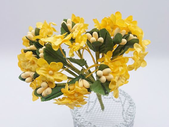 Декоративний букетик НЕЗАБУДКИ з тичинками, 12 гілочок, з тканини, ЖОВТОГО кольору