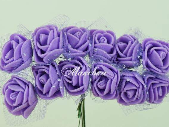 Трояндочки з фоамірана з Фатином, БУЗКОВІ, 12 шт/уп Трояндочки з фоамірана з Фатином, БУЗКОВІ, 12 шт/уп