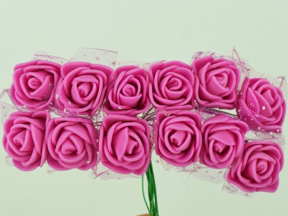 Латексні трояндочки з фоамірану з фатином, МАЛИНОВІ, 12 шт/уп