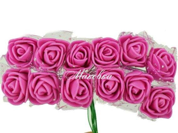 Трояндочки з фоамірану з Фатином, МАЛИНОВІ, 12 шт/уп Трояндочки з фоамірану з Фатином, МАЛИНОВІ, 12 шт/уп