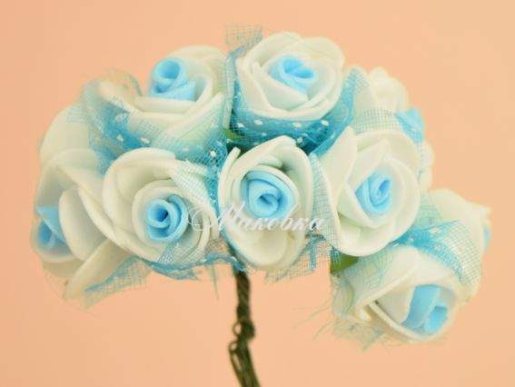 Розочки из фоама с Фатином двухцветные Белые с голубым, 10 шт/уп Розочки из фоама с Фатином двухцветные Белые с голубым, 10 шт/уп