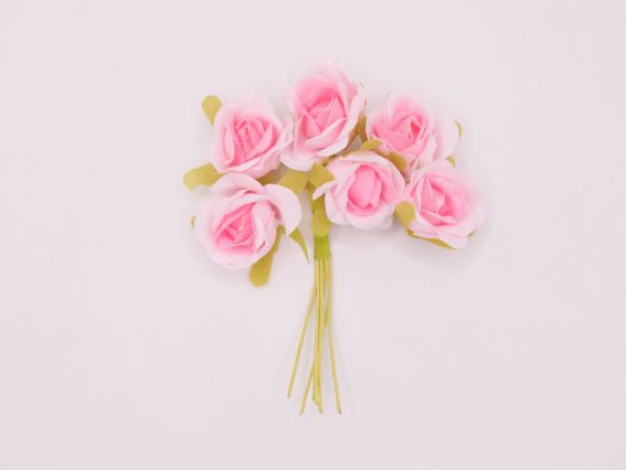 Набор тканевых роз, 6 шт/уп Двухцветные Розовые с зеленым чашелистиком 