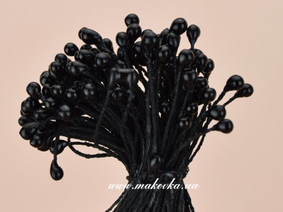 Круглі декоративні тичинки для квітів Кулька, чорна з чорною ніжкою, 1 пучок