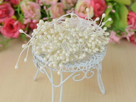 Декоративные тычинки для цветов, форма капля-шарик,цвет молочно-белый FL207-12, 1 пучок