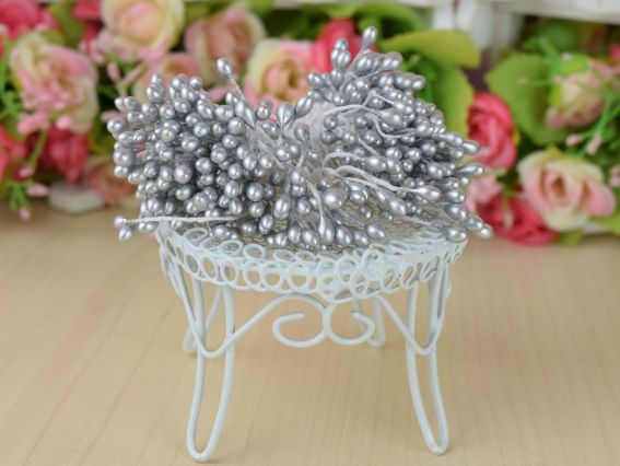 Декоративные тычинки для цветов, форма капля-шарик, цвет СЕРЕБРО  FL207-02, 1 пучок