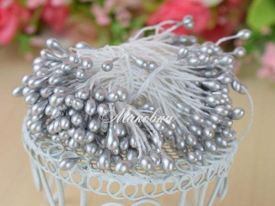 Тычинки декоративные капля-шарик, СЕРЕБРО FL207-02, 1 пучок