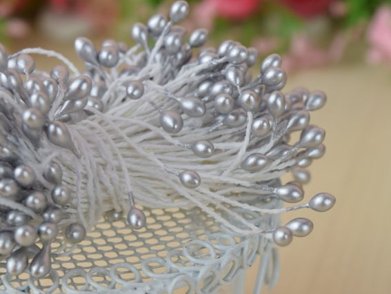 Декоративные тычинки для цветов, форма капля-шарик, цвет СЕРЕБРО  FL207-02, 1 пучок