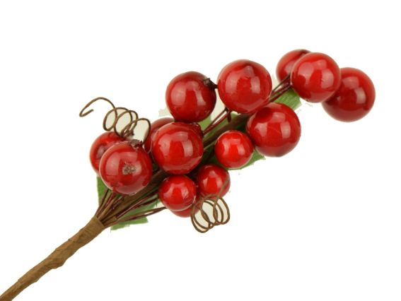 Ягоды на ветке КРАСНЫЕ со спиралькой и листьями, диаметр 17-19мм Ягоды на ветке КРАСНЫЕ со спиралькой и листьями, диаметр 17-19мм