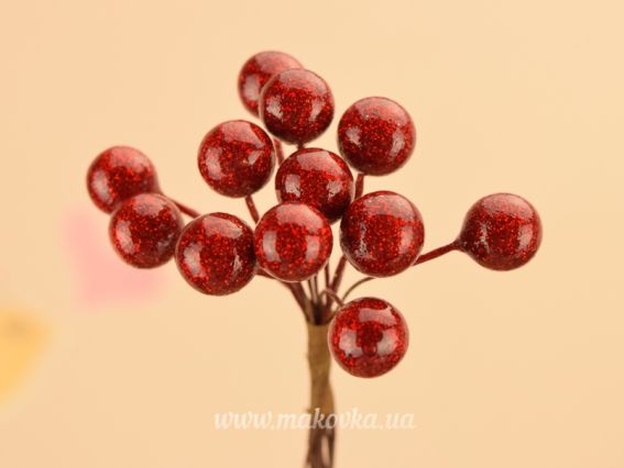 Ягодки красные с глитером, пучок 12 шт Ягодки красные с глитером, пучок 12 шт