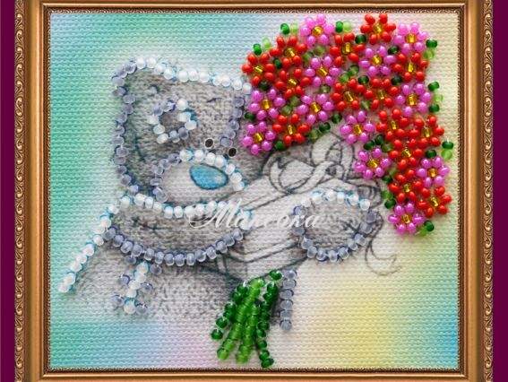 Вышивка-магнит бісером Поздравляю (Мишка с цветами), АМА-010, Абрис Арт Вышивка-магнит бісером Поздравляю (Мишка с цветами), АМА-010, Абрис Арт