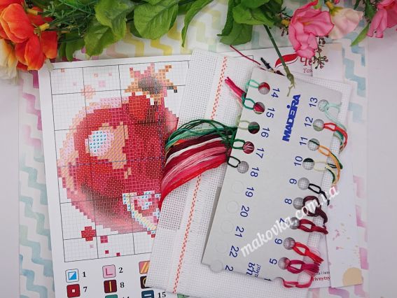 Вміст набору для вишивання «Гранат»: паперова кольорово-символьна схема, органайзер із муліне червоних, рожевих та зелених відтінків, а також канва для роботи.