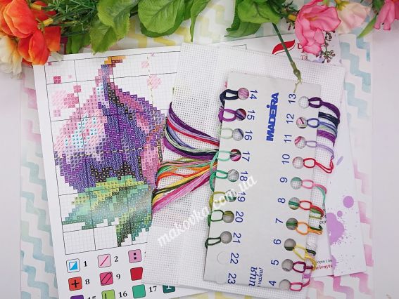 Вміст набору для вишивання хрестиком: детальна кольорова схема, біла канва та муліне на органайзері