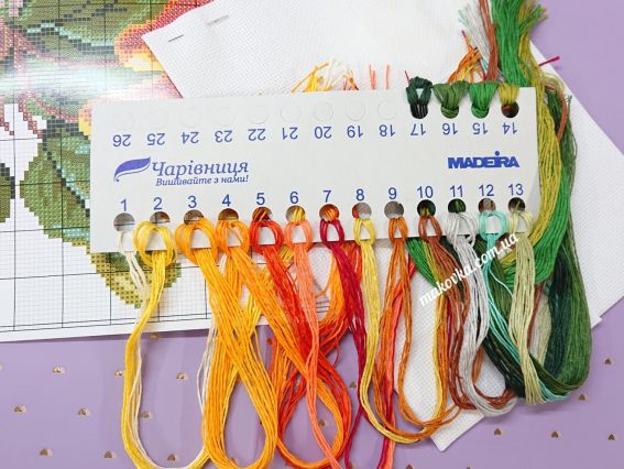 Яскраві жовті, помаранчеві та зелені нитки муліне Madeira на фірмовому органайзері з набору N-3045 Груші.