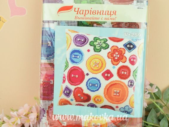 Набір для вишивання Подушка напів-хрестиком 40х40см V-259 Ґудзики Чарівниця