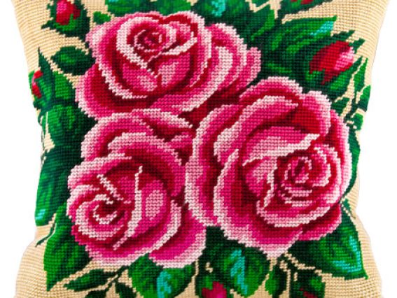 Рожеві троянди, V-82, Чарівниця набір для вишивання подушка напів-хрестиком 
