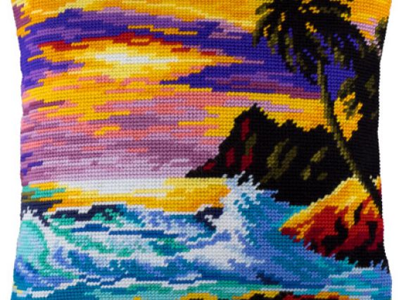 Набір для вишивання подушки напів-хрестиком Захід сонця в тропіках, V-138, ТМ Чарівниця