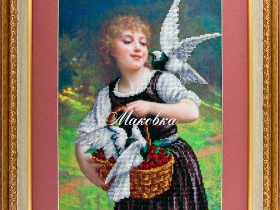 Рисунок на атласе под вышивку бисером Девочка и голуби, 30х40 см, А-525, Ангелика