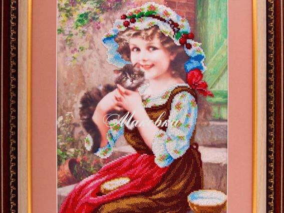 Рисунок на атласе под вышивку бісером Девочка с котенком, 30х40 см,  А-528, Ангелика Рисунок на атласе под вышивку бісером Девочка с котенком, 30х40 см,  А-528, Ангелика