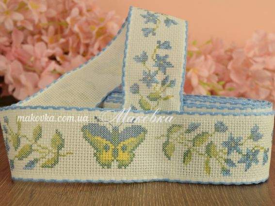 Канва Лента (бордюр) 6526 50 168, белая с рисунком Бабочки и цветы, 4,5 см, кант ГОЛУБОЙ, 1 м