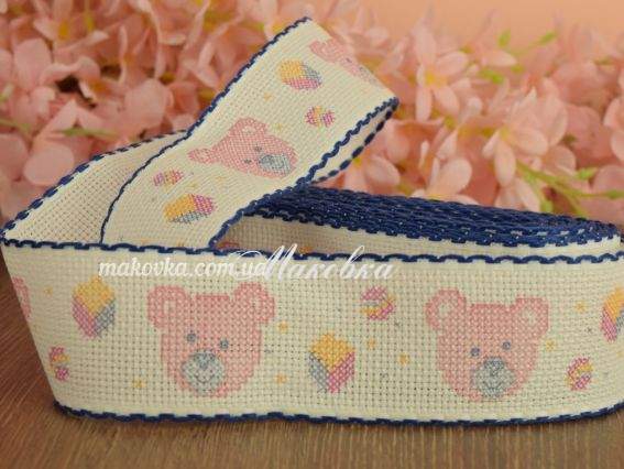 Канва Лента (бордюр) 6529 50 8, белая с рисунком Мишка, 4,5 см, кант СИНИЙ, 1 м