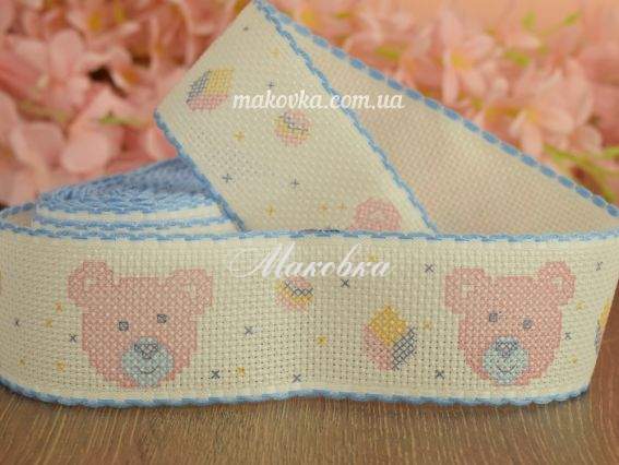 Канва Лента (бордюр) 6529 50 168, белая с рисунком Мишка, 4,5 см, кант ГОЛУБОЙ, 1 м