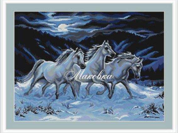 B397 Пейзаж с тремя лошадьми вышивка B397 Пейзаж с тремя лошадьми вышивка