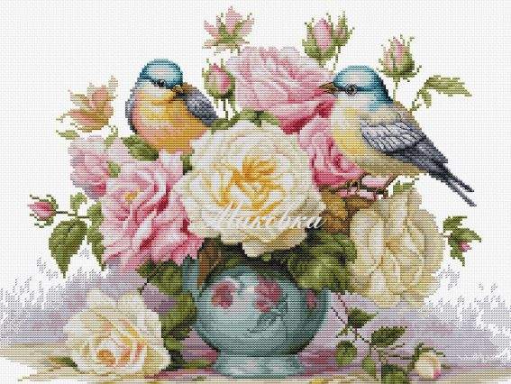 B7038 Ваза з трояндами та пташками, Luca-S вишивка нитками B7038 Ваза з трояндами та пташками, Luca-S вишивка нитками
