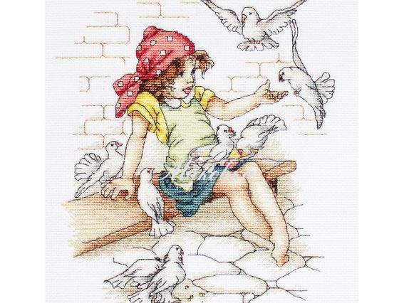 В1051, Девочка с голубями, Luca-S вышивка нитками