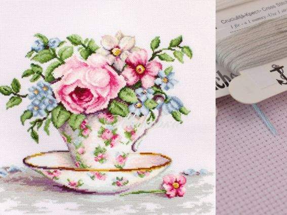 BА2321 Квіти в чайній чашці, Luca-S вишивка нитками BА2321 Квіти в чайній чашці, Luca-S вишивка нитками