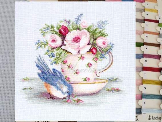 BА2324 Птичка и чашка чая, Luca-S  (аида 16) набор для вышивания нитками