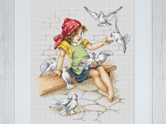 В1051, Девочка с голубями, Лука-С набор для вышивания нитками