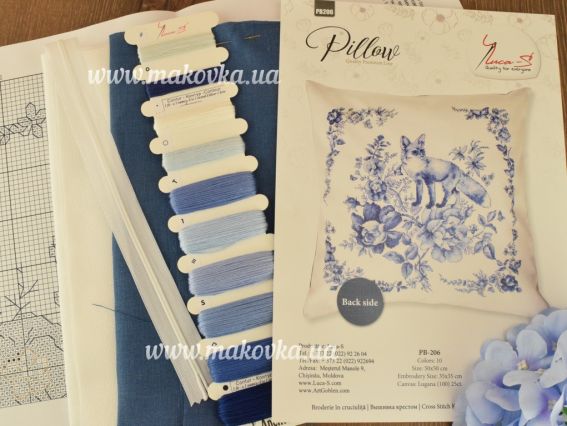 РВ206 Подушка гжель с лисой, Luca-S, вышивка нитками, набор для вышивания нитками крестиком