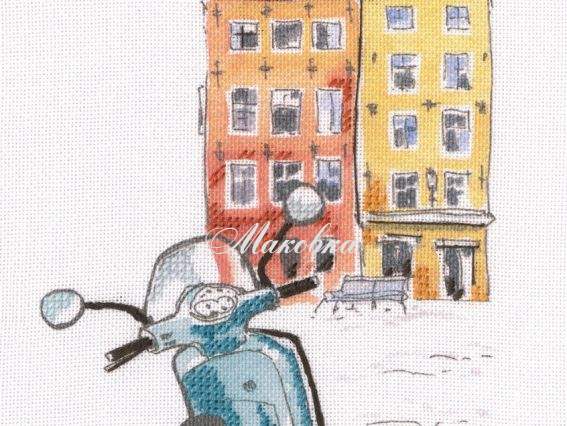 DT-M014 Paint by threads (скутер, Польша), РТО Набор для вышивания с напечатанным фоном