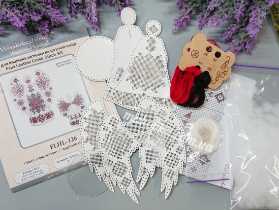 Склад набору для вишивання 3D-янгола FLHL-126: нитки Anchor, екошкіра, наповнювач та схема