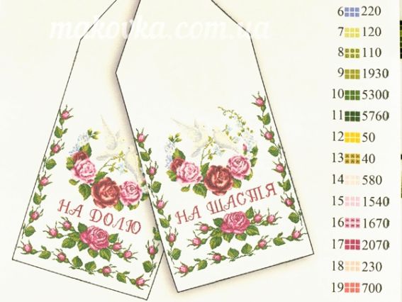 Малюнок на тканині під вишивку РВ-017-1 Рушник весільний (голуби,троянди,Барвінок), 200х45 см, Бісерок