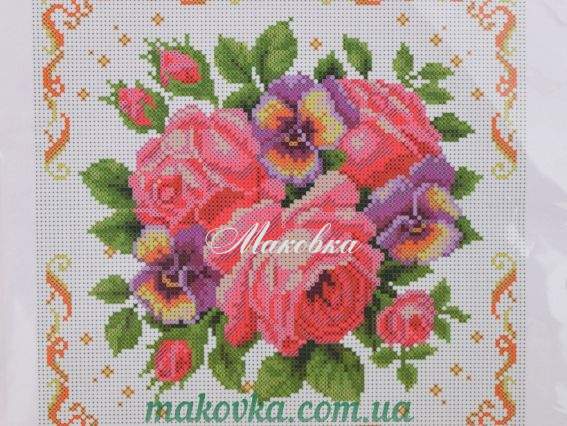 Заготовка для вышивания Т-302 тайстра Розы и фиалки 24х24 см Бисерок Заготовка для вышивания Т-302 тайстра Розы и фиалки 24х24 см Бисерок