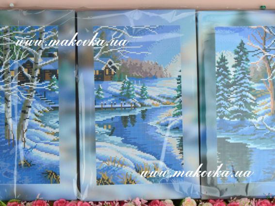 КП-Тр001 Триптих Зимний вечер, ткань с рисунком на подрамнике, Бісерок КП-Тр001 Триптих Зимний вечер, ткань с рисунком на подрамнике, Бісерок