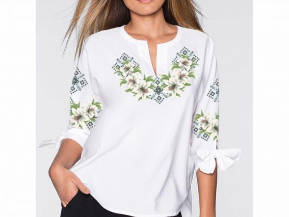 Б-48Дм Заготовка для вишиванки Блуза Ніжні ліліі, домоткана колір білий, Бісерок