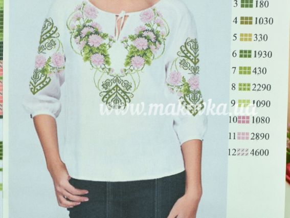 Б-145-ГБ Заготовка Блуза Хризантеми, габардин колір білий Бісерок