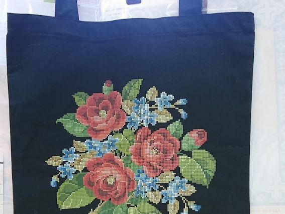 Пошита Эко-Сумка СПч120-030 Троянди та незабудки, під вишивку Чорна Бісерок