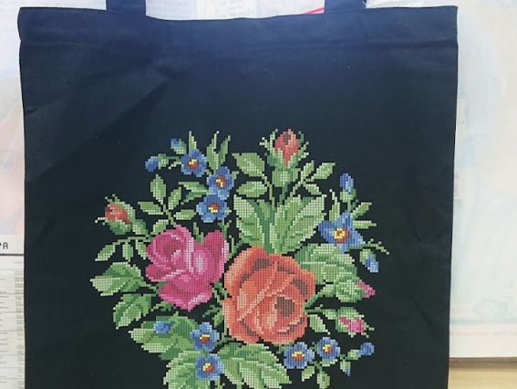 Пошита Эко-Сумка СП-ч120-044 Две Розы, под вышивку Черная Бисерок