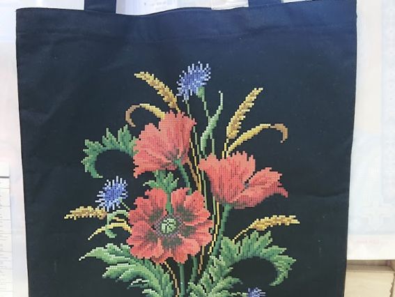 Пошита Эко-Сумка СП-ч130-036 Маки та волошки, під вишивку Чорна Бісерок
