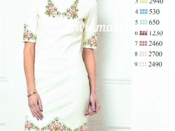 П-140ГБ Заготовка Плаття з корроткими рукавами Маленькі трояндочки, габардин, колір біле Бісерок