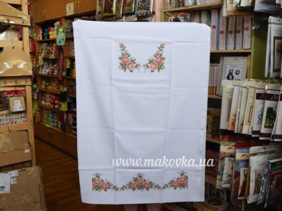 П-140ГБ Заготовка Плаття з корроткими рукавами Маленькі трояндочки, габардин, колір біле Бісерок