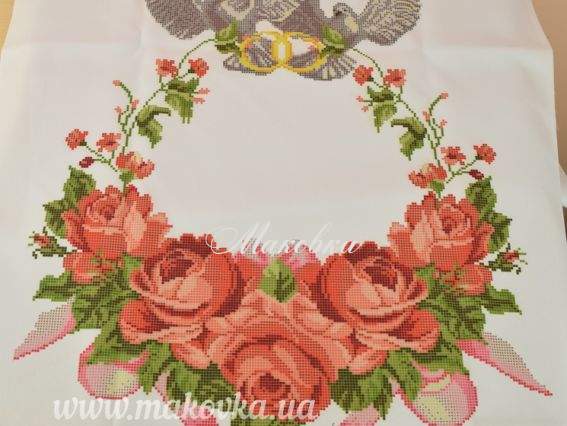Свадебный рушнык РВ-002 Голубки и розы, 200х45 см, Бісерок, рисунок на ткани Свадебный рушнык РВ-002 Голубки и розы, 200х45 см, Бісерок, рисунок на ткани