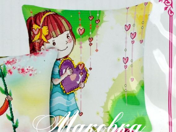 Готовая подушка под вышивку, На качелях (Девочка с сердечком), 66042 Готовая подушка под вышивку, На качелях (Девочка с сердечком), 66042