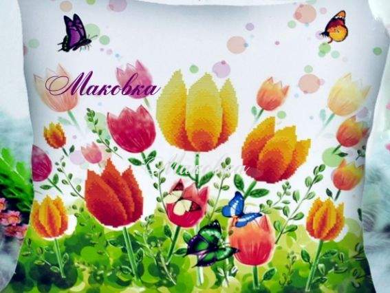 Готовая подушка под вышивку Тюльпаны 2448, Диамантовые ручки