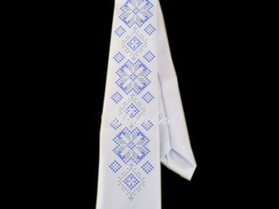 Галстук №05 белый с синим орнаментом, атлас
