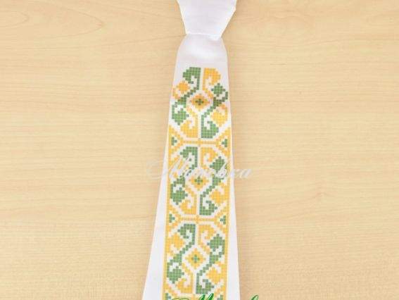 Галстук под вышивку Детский №08 белый с желто-зеленым орнаментом